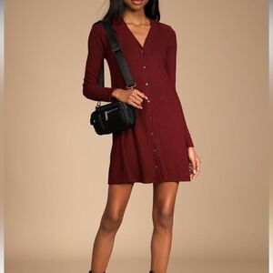 Lulus Sweet Comfort Burgundy Knit Sweater Dress‎